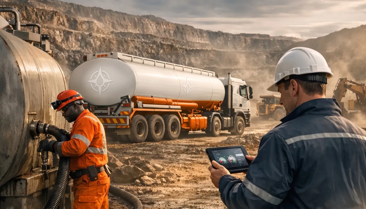 An operator in high-visibility overalls connecting a discharge hose to a tank, with a road tanker and haul truck in an open pit behind.
